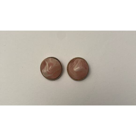 Vintage KRAMER Pink Marble Glass Clip On Earrings Silver Tone Signed - Picture 5 of 8